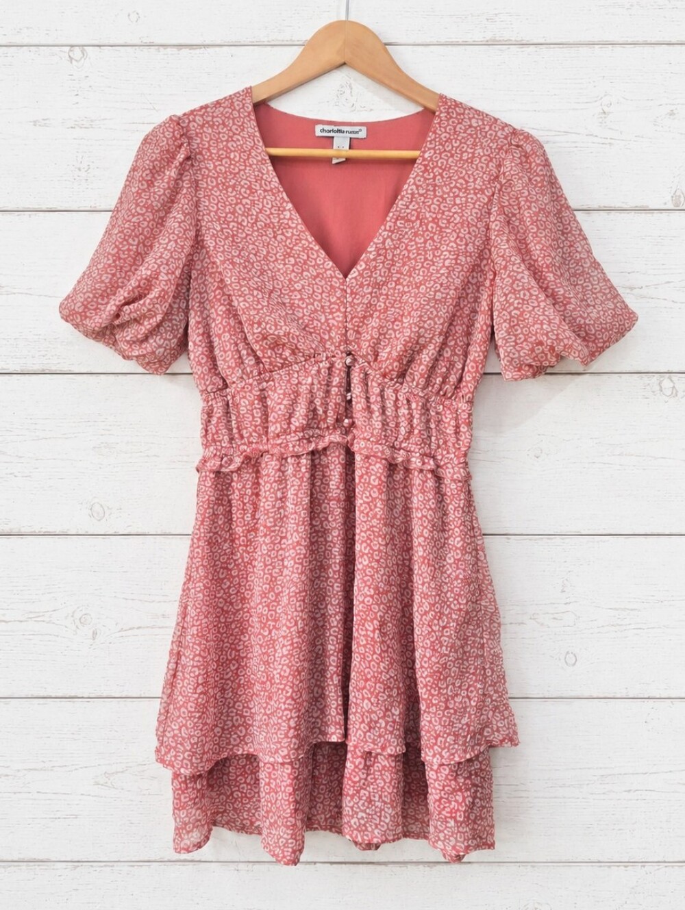 Charlotte Russe Pink Floral Tiered V‑Neck Mini Dress Size S